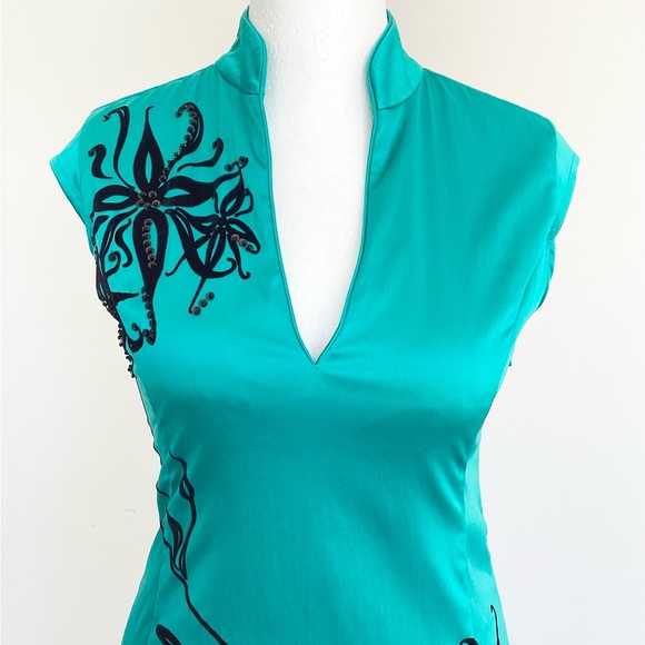 Jane Norman Y2K dress 14 turquoise green satin black embroidered vintage - Picture 12 of 16